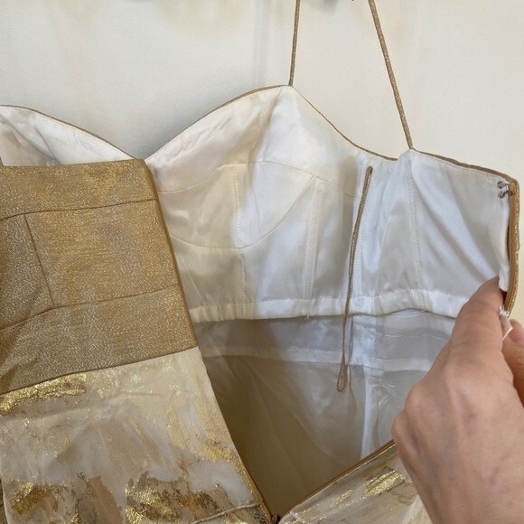 AIDAN MATTOX Silk Gold Leaf Ruffle Mini Dress 4 - Picture 9 of 10